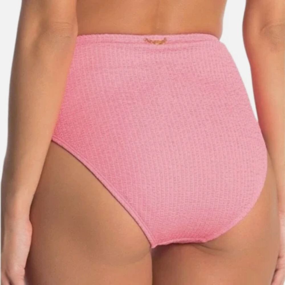 Betsey Johnson Bikini Bottom M Pink Ribbed Rosette High Waist Scrunch Resort NWT - Picture 7 of 11